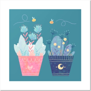 Heart and Moon Flower Pots Posters and Art